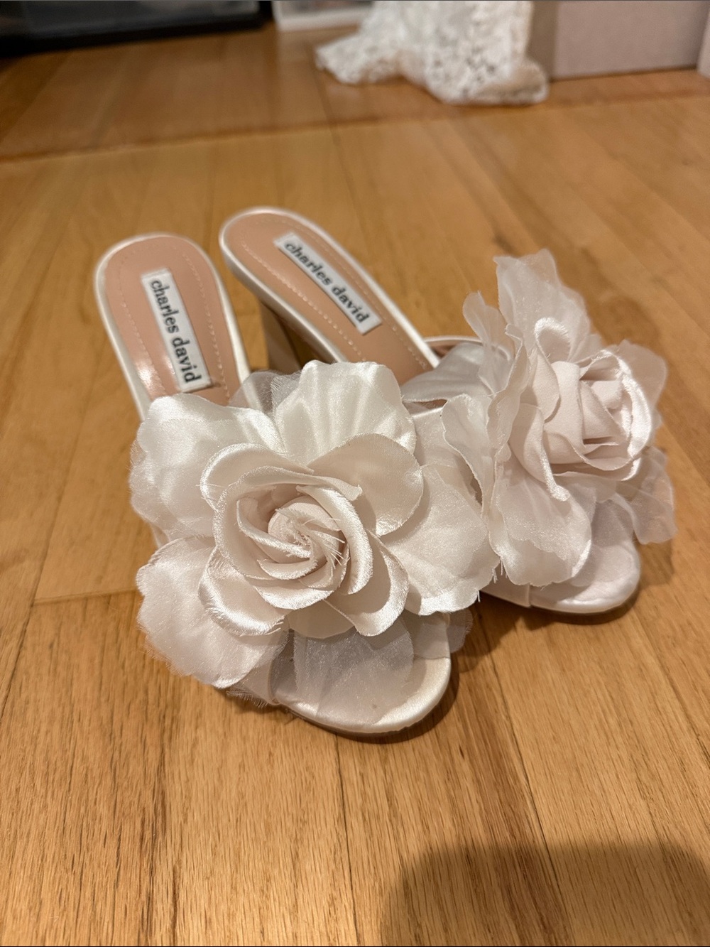 Charles David Ivory Floral Slip-On Mules with Fabric Roses